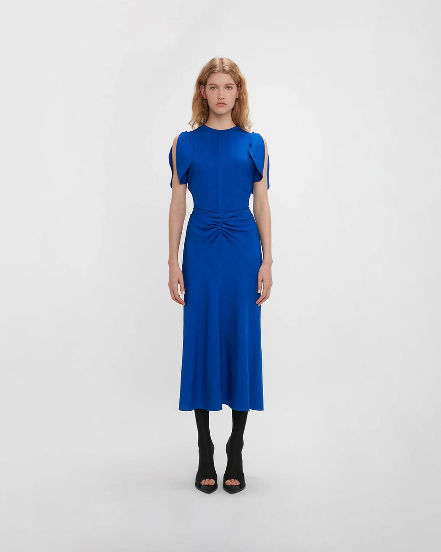 victoria beckham gathered waist midi dress palace blue dress on figure on figure front