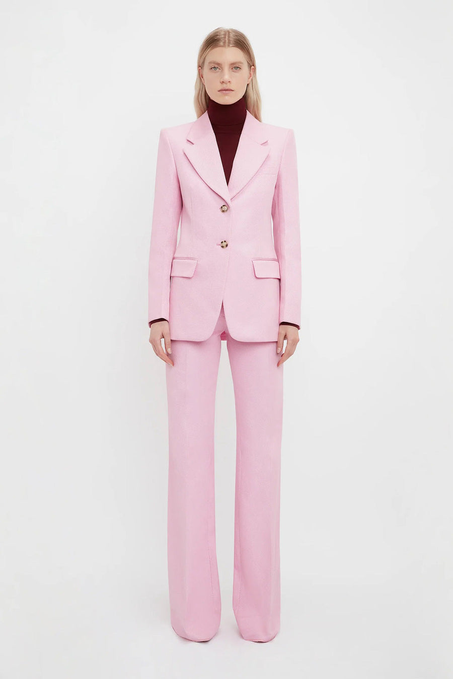 victoria beckham high single button jacket pink figure front