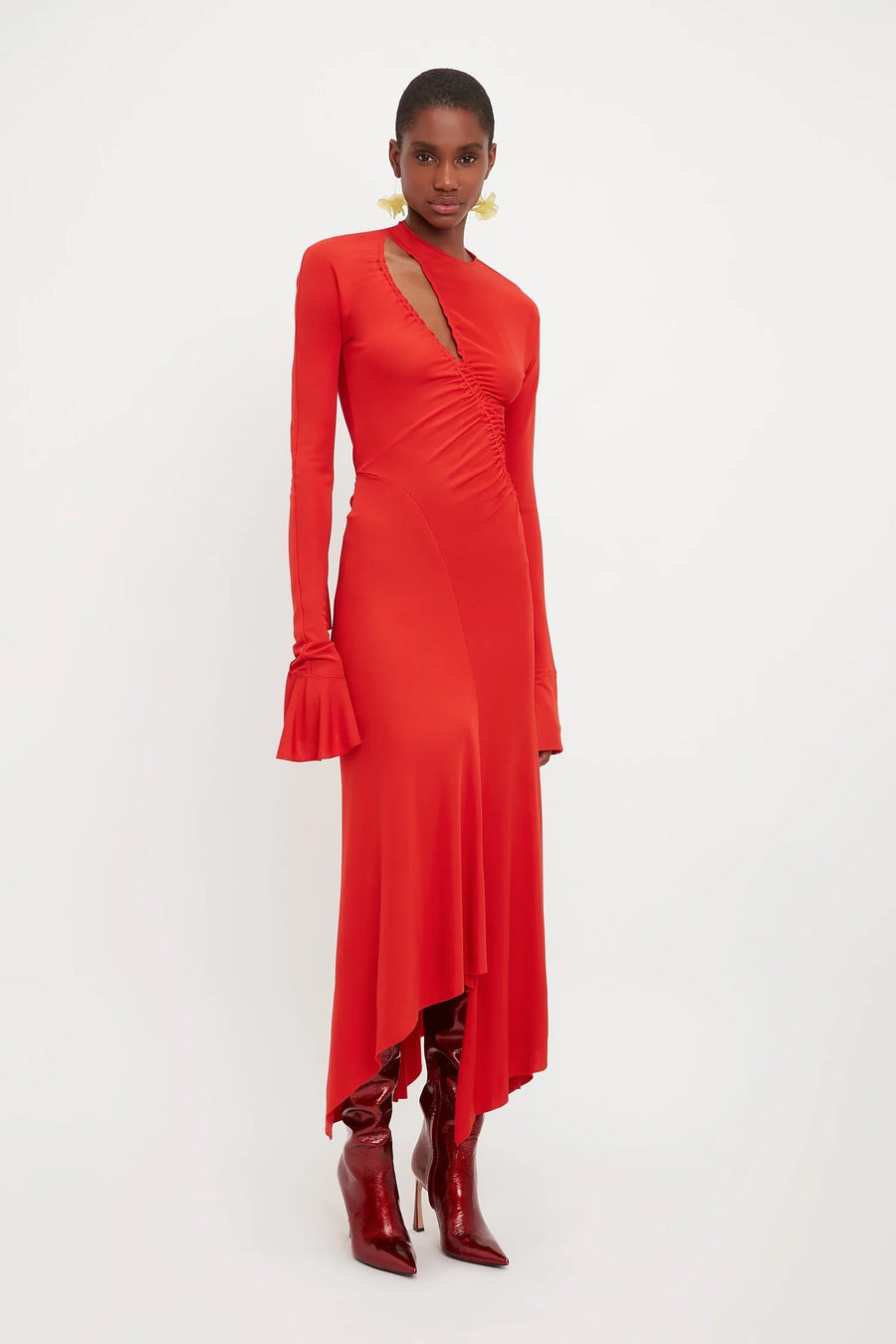victoria beckham Asymmetric Slash Jersey Dress red figure side