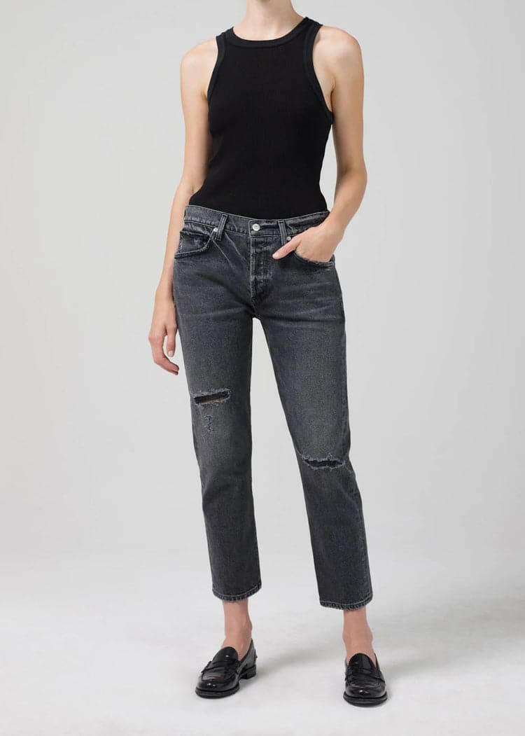 citizens of humanity emerson slim boyfriend jean 27", pepper, washed black, distressed jean, on figure front