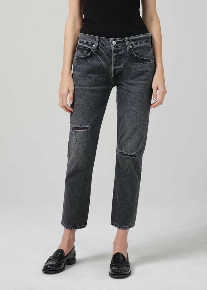 citizens of humanity emerson slim boyfriend jean 27", pepper, washed black, distressed jean, on figure front