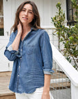 frank and eileen vintage stone washed indigo eileen woven button up on figure