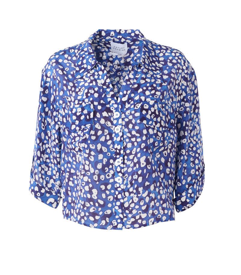 hayley menzies wide sleeve silk crop shirt blue