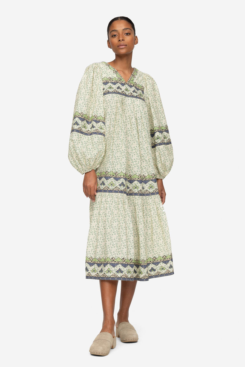 sea ny louie patchwork long sleeve dress green multi front